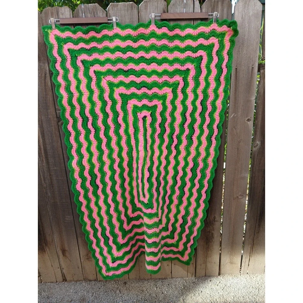 Vintage Retro Style Handmade Crochet Afghan Pink & Green Scalloped Chevron Throw